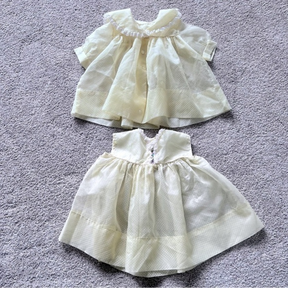 Vintage 1970 yellow Swiss dot sheer baby dress set